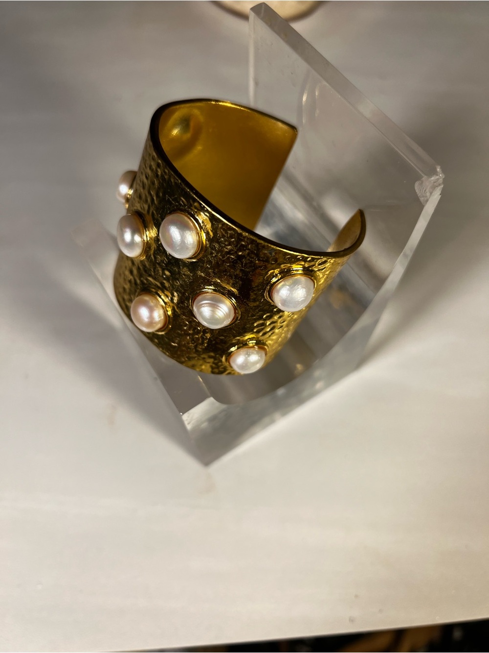 Karine Sultan Gold Hammered Cuff Bracelet with Pearl Accents